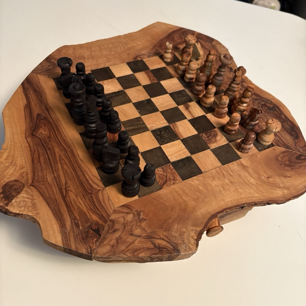 Live Edge Style Wood Chess Board Set Drawer Storage Brown & Black Pieces